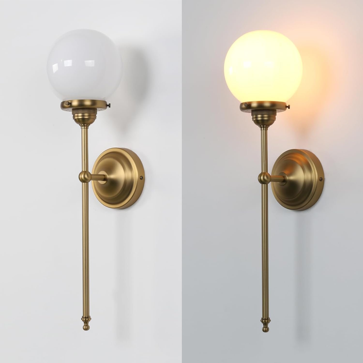 Industrial Vintage Wall Sconce Lighting, Milky White Glass Globe Shade with Long Arm Antique Brass Wall Light, Indoor Up and Down Wall Mounted Lamp for Bedroom Kitchen Bathroom