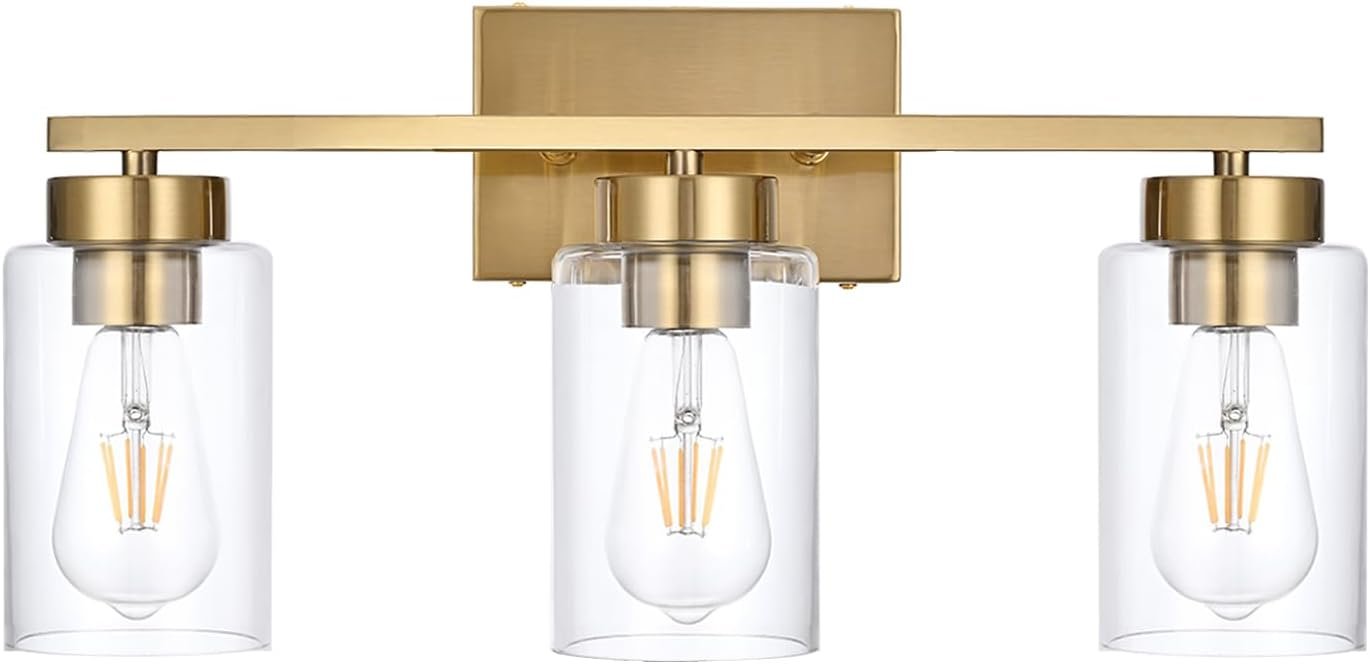 3-Light Bathroom Vanity Light, Modern Brushed Gold Wall Lights with Clear Glass Shades, Bathroom Wall Sconce Lamp for Mirror Living Room Bedroom Hallway