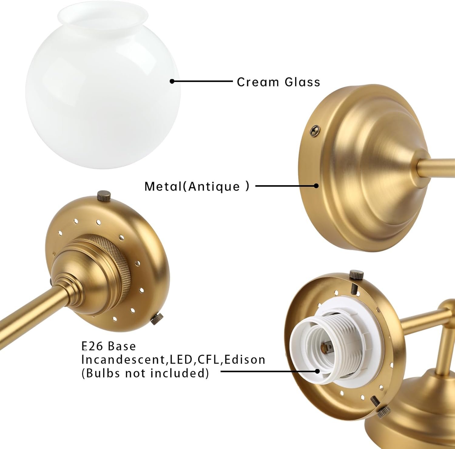 Industrial Vintage Wall Sconce Lighting, Milky White Glass Globe Shade with Long Arm Antique Brass Wall Light, Indoor Up and Down Wall Mounted Lamp for Bedroom Kitchen Bathroom