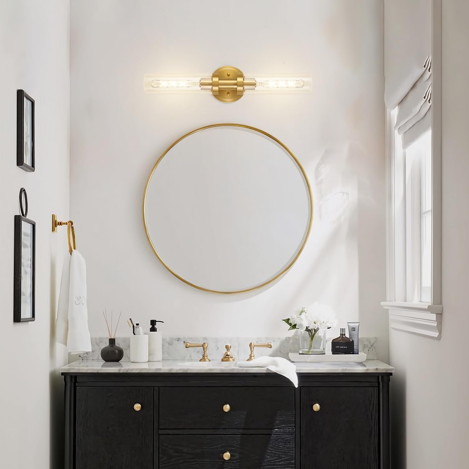 Brushed Gold Bathroom Vanity Light Fixture, 2-Light Modern Wall Sconce Lighting W/Clear Glass, Brass Wall Mount Lamp for Mirror Hallway Kitchen Living Room, E26 T10 Bulbs(Excluded)