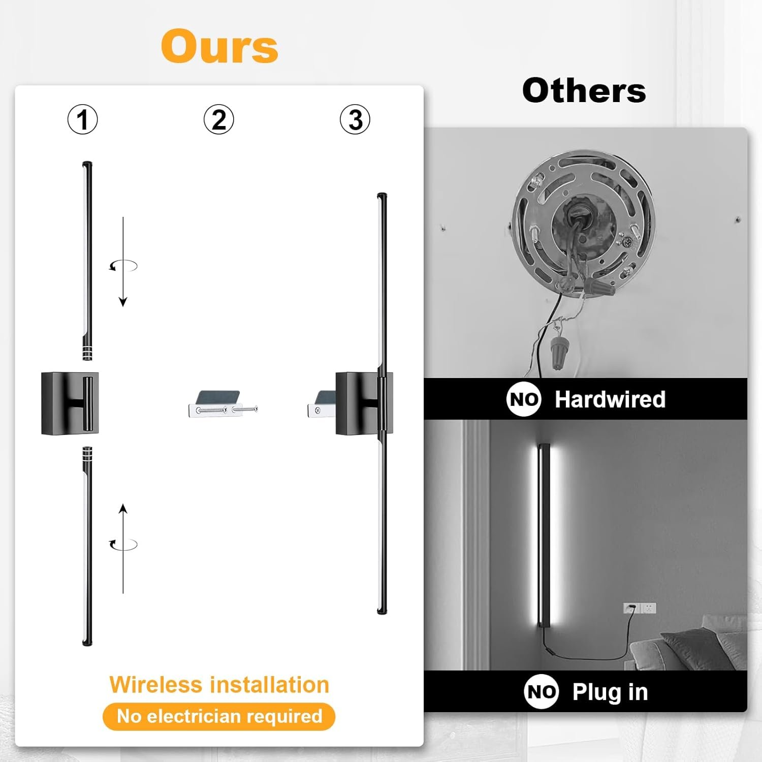 Battery Operated Wall Sconce Set of Two with Remote Control, 3000K-6000K Dimmable Black Wall Lights, Timable LED Wireless Wall Sconces, 350° Ratate for Bathroom, Living Room, Hallway 29.1 Inch