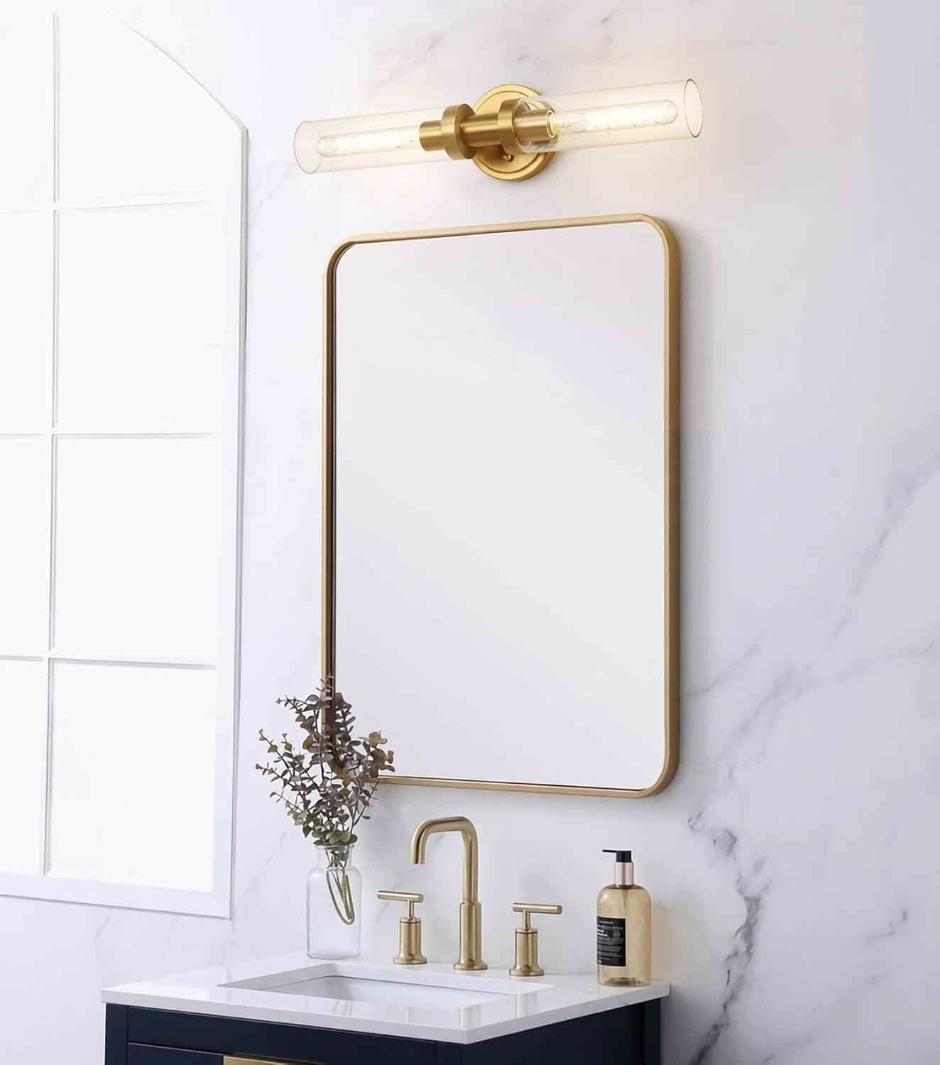 Brushed Gold Bathroom Vanity Light Fixture, 2-Light Modern Wall Sconce Lighting W/Clear Glass, Brass Wall Mount Lamp for Mirror Hallway Kitchen Living Room, E26 T10 Bulbs(Excluded)