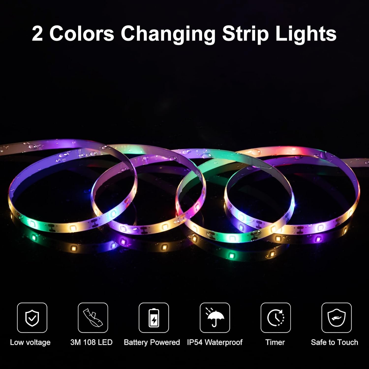 echosari LED Strip Lights Battery Operated, 10Ft 108 LED Dual Color Changing Strip Lights with Remote Cuttable Adhesive Lights Strip for Bedroom Party Decoration (Warm White & Multicolor)