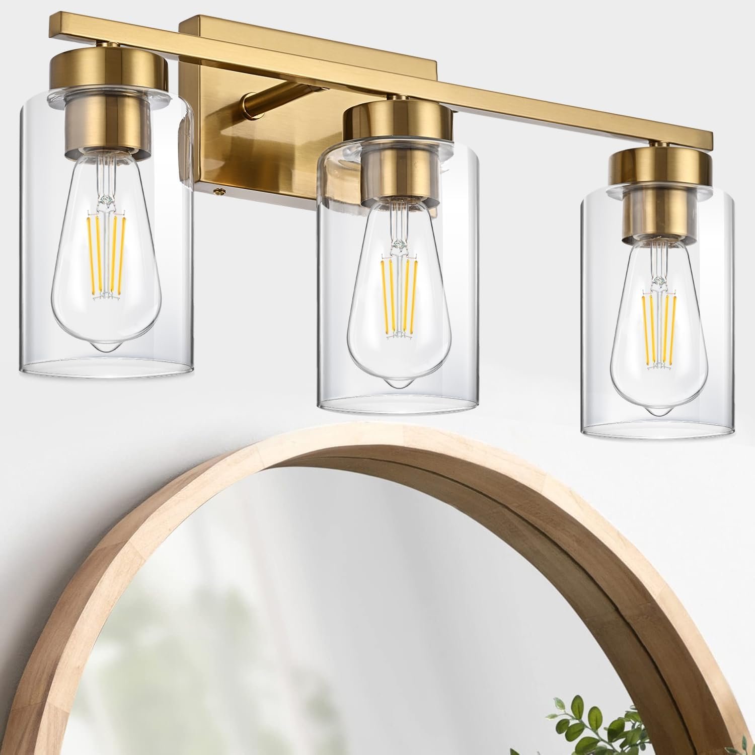 3-Light Bathroom Vanity Light, Modern Brushed Gold Wall Lights with Clear Glass Shades, Bathroom Wall Sconce Lamp for Mirror Living Room Bedroom Hallway