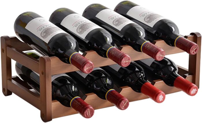 Wine Rack Countertop, 8 Bottle Wine Racks for Wine Bottles Storage Display, 2 Tier Wooden Wine Rack Free Standing Floor