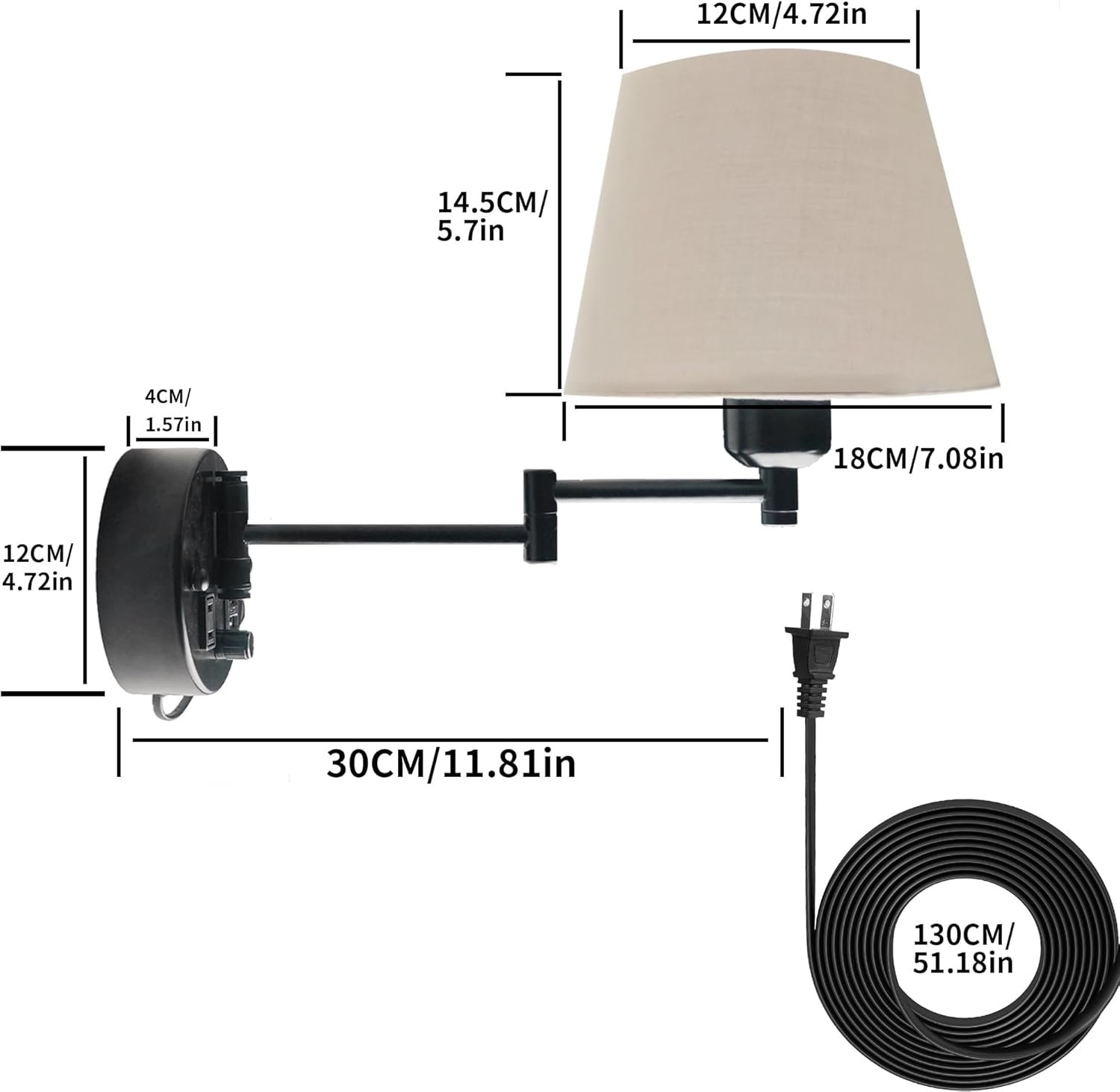 Wall Mounted Bedside Lamps with USB and 2 Pin Socket,Bedroom Sconces Set of 2 Cord and Switch,Dimmable Swing Arm Wall Sconce with White Linen Fabric Shade(E26/E27 Bulbs Not Included)