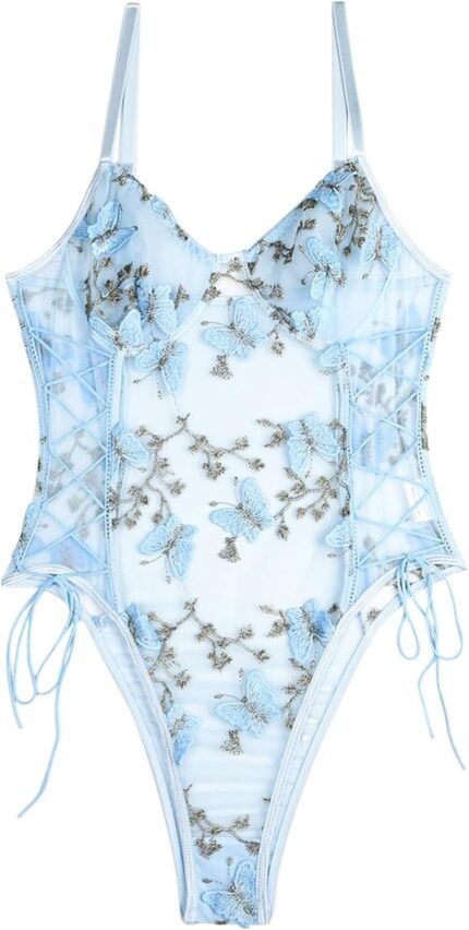 Lilosy Women Sexy Lace Up Floral Embroidered Teddy Lingerie Bodysuit Top Mesh Sheer One Piece