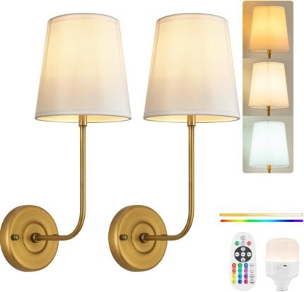 PASSICA DECOR Rechargeable Wall Sconces Set of 2, Battery Operated Wall Sconce Set of Two，Wireless Wall Lights with Dimmable LED Bulbs, 15 Colors and Remote Control, Bedroom, Living Room