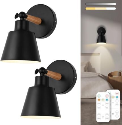 Black Battery Operated Wall Sconce Set of Two, Easy to Install Wireless Lights for Wall, Remote Control Dimmable LED Lights, Auto Timer Wall Lamp Fixtures for Bedroom, Gallery, Living Room, RV
