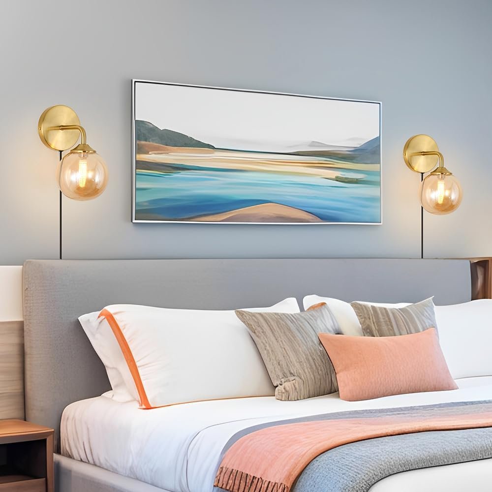 Modern Gold Plug in Wall Light, Wall Light Fixture with Amber Glass Shade, Elegant Brass Sconces Wall Decor Set of 2, Wall Sconce Light with Plug in Cord for Bedroom Hallway Reading