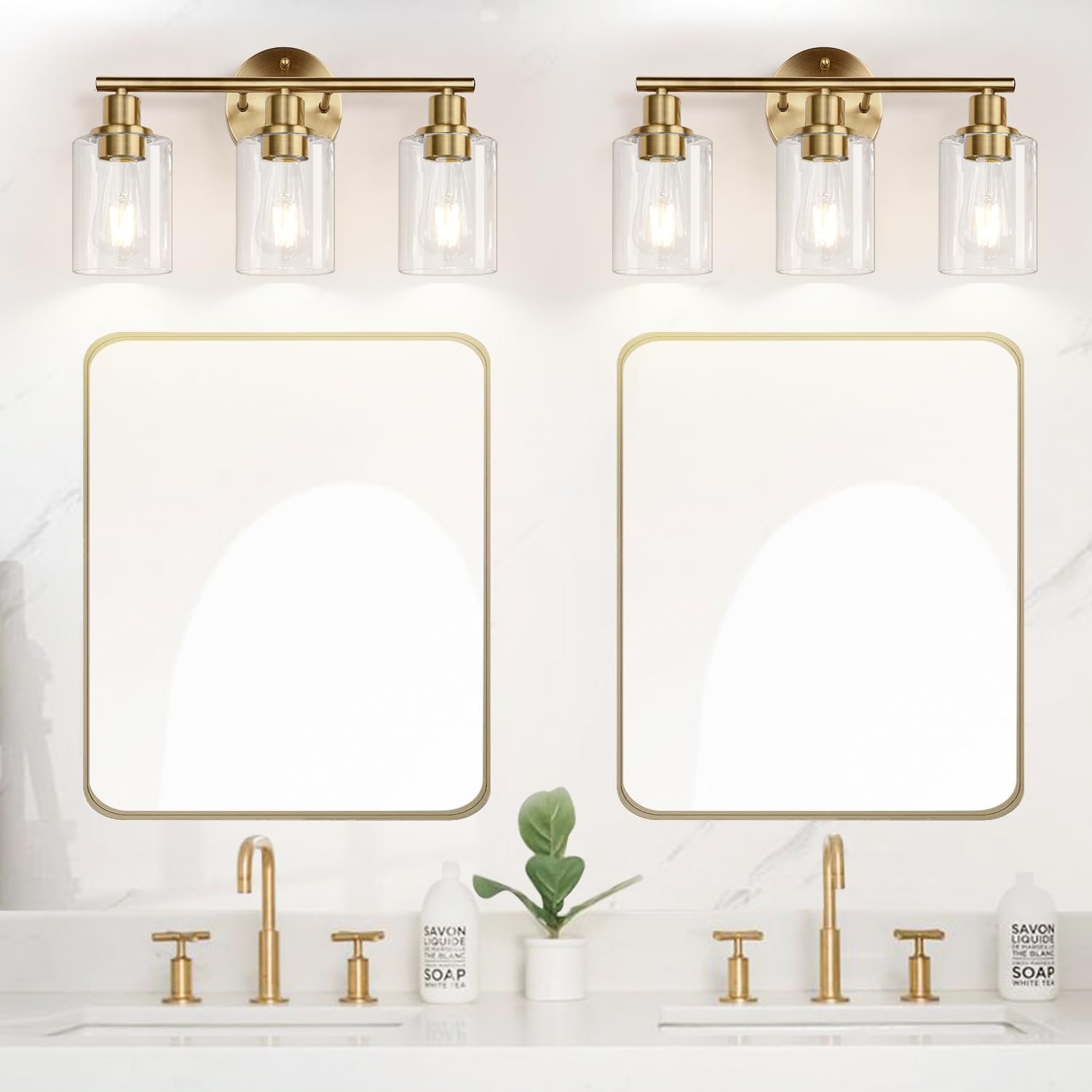 3-Light Bathroom Light Fixtures, Brushed Brass Bathroom Wall Lights with Clear Glass Shade, Modern Bathroom Wall Lamp for Mirror Kitchen Living Room Hallway Cabinet