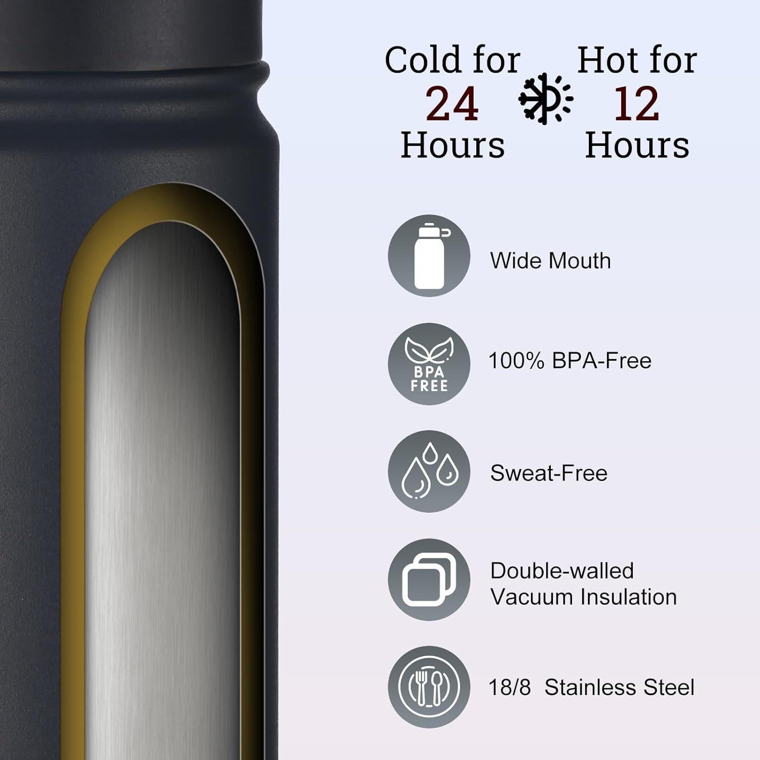 mininoo Insulated Stainless Steel Water Bottle with Straw and Lid for Sports, 24 oz, Black