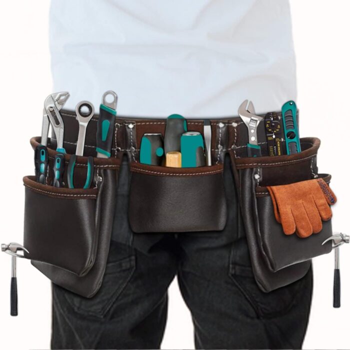 Leather Tool Belt Pouch Bag, Comfort Back Support Tool Pouches with Suspenders for Construction,Framers,Carpenter,Handyman (Black, Extra Large)30" waist size up to 56" (12 POCKET BROWN) - Image 6