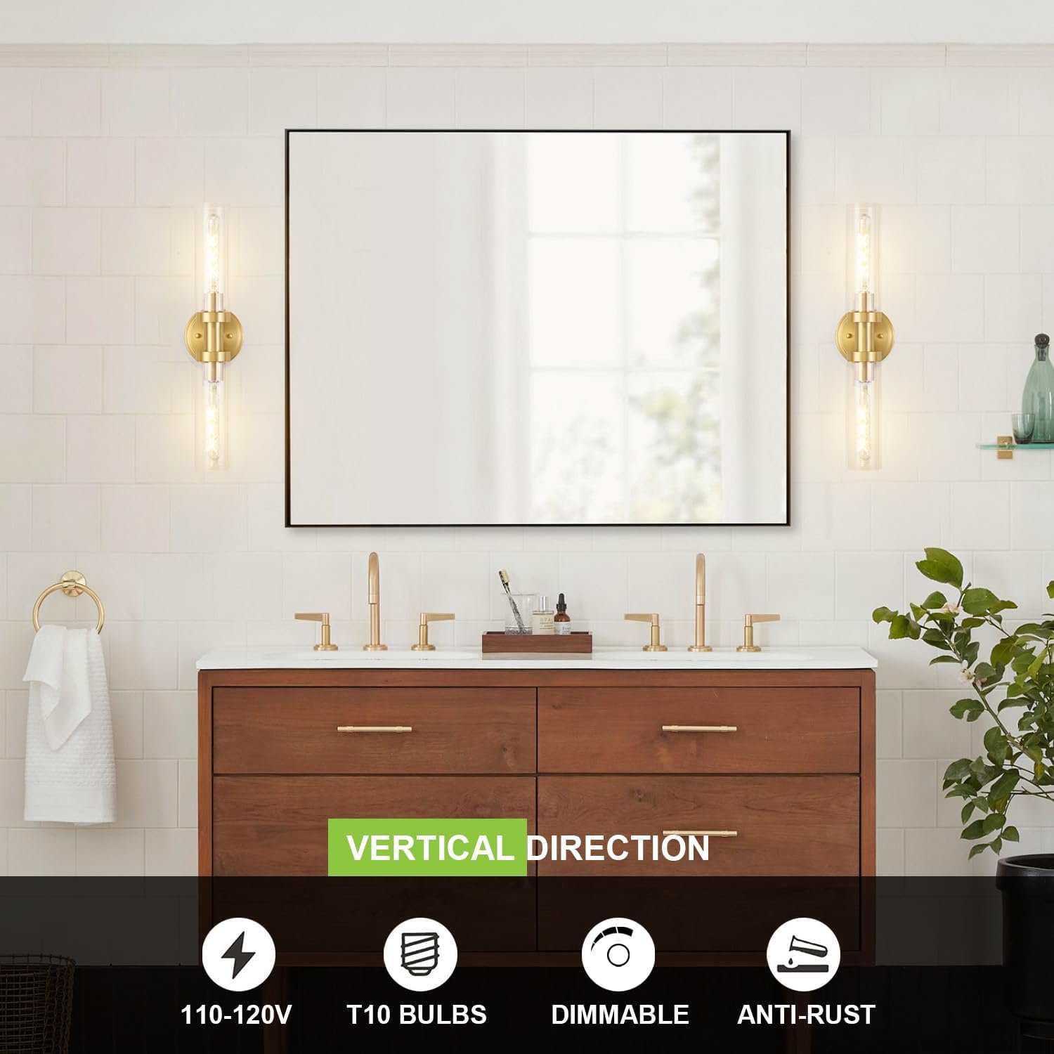 Brushed Gold Bathroom Vanity Light Fixture, 2-Light Modern Wall Sconce Lighting W/Clear Glass, Brass Wall Mount Lamp for Mirror Hallway Kitchen Living Room, E26 T10 Bulbs(Excluded)