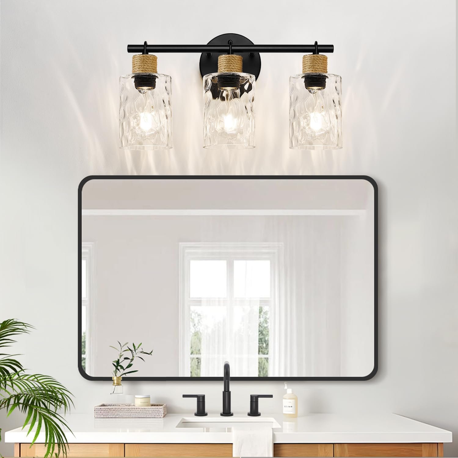 2025 Upgrade Bathroom Light Fixtures, 3-Light Coastal Vanity Lights with Crystal Glass Shade, Black Bathroom Wall Lamp for Mirror Kitchen Hallway Cabinet