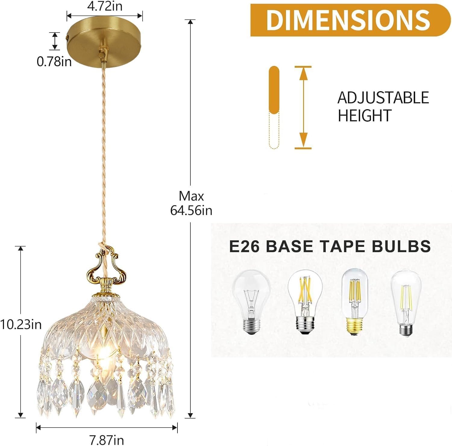 Brass Vintage Glass Pendant Light Crystal Hanging Light ， Adjustable Height Single Head Pendant Lights ，Chandelier for Dining Room Living Room Bedroom Hallway, Balcony, Bedside,