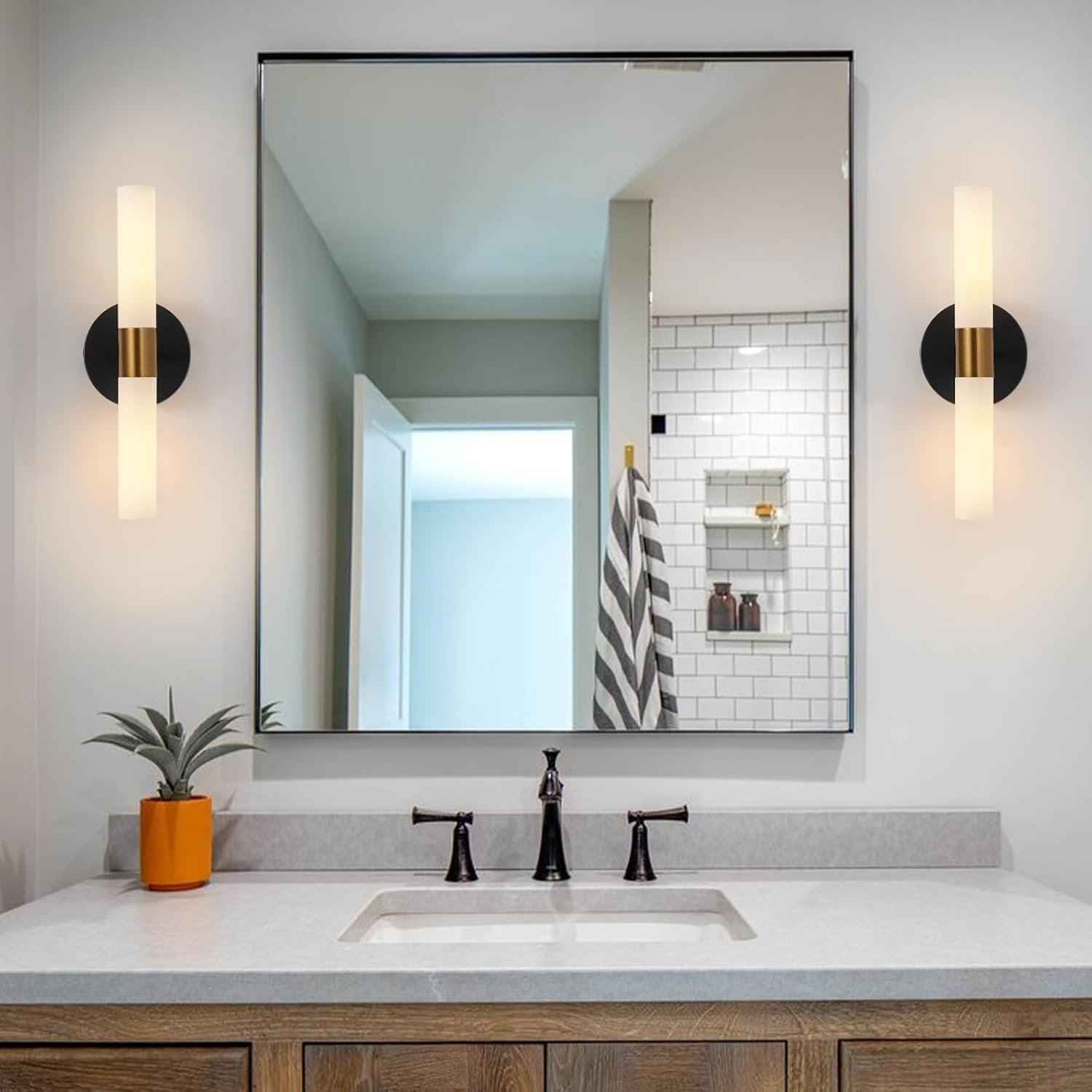 Wall Sconces Set of Two Black and Brass Lamp Sconces Lighting with White Glass Lights Wall Light Sconces Wall Decor Set of 2 for Living Room Wall Scones, Wall Lights