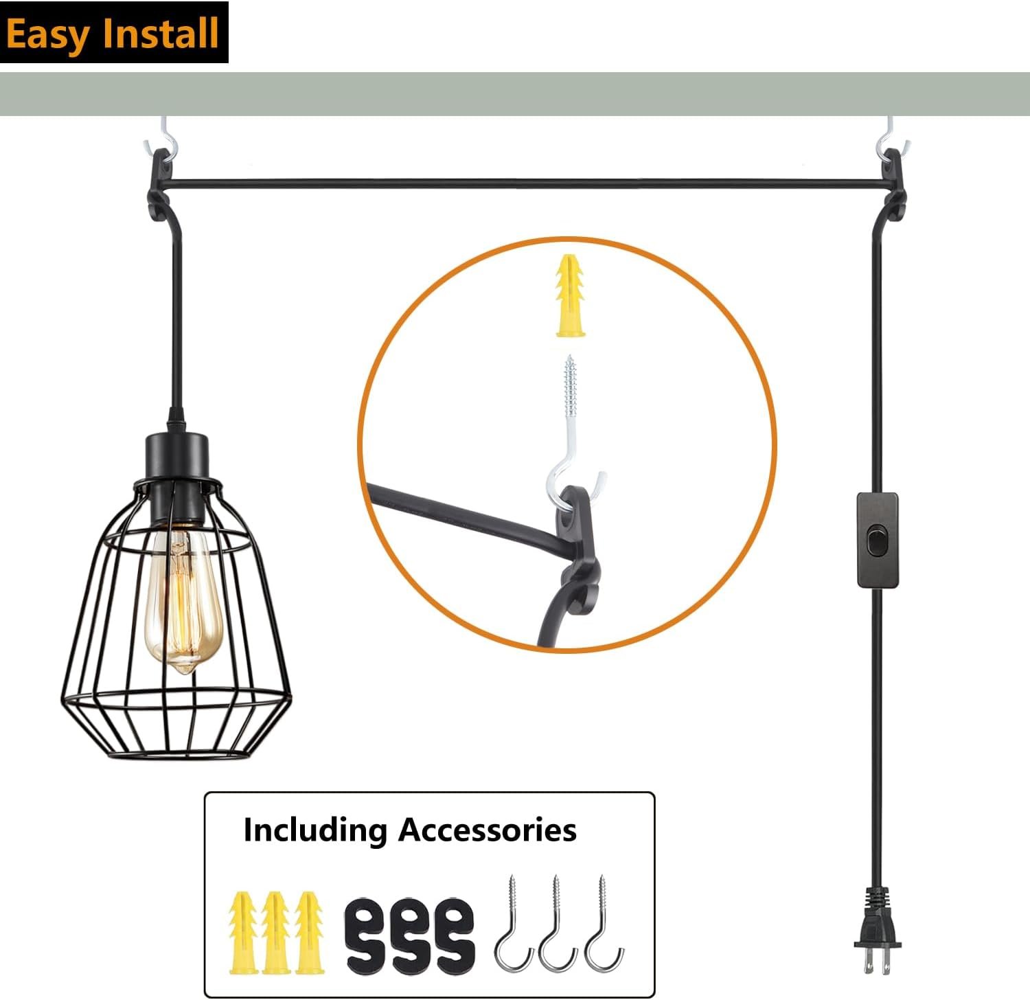 KOONTING Plug in Pendant Light Fixture, 16FT Hanging Light with Plug in Cord, On/Off Switch, Industrial Pendant Lamp, Metal Black Hanging Lamp for Living Room Farmhouse Bedroom Kitchen Island