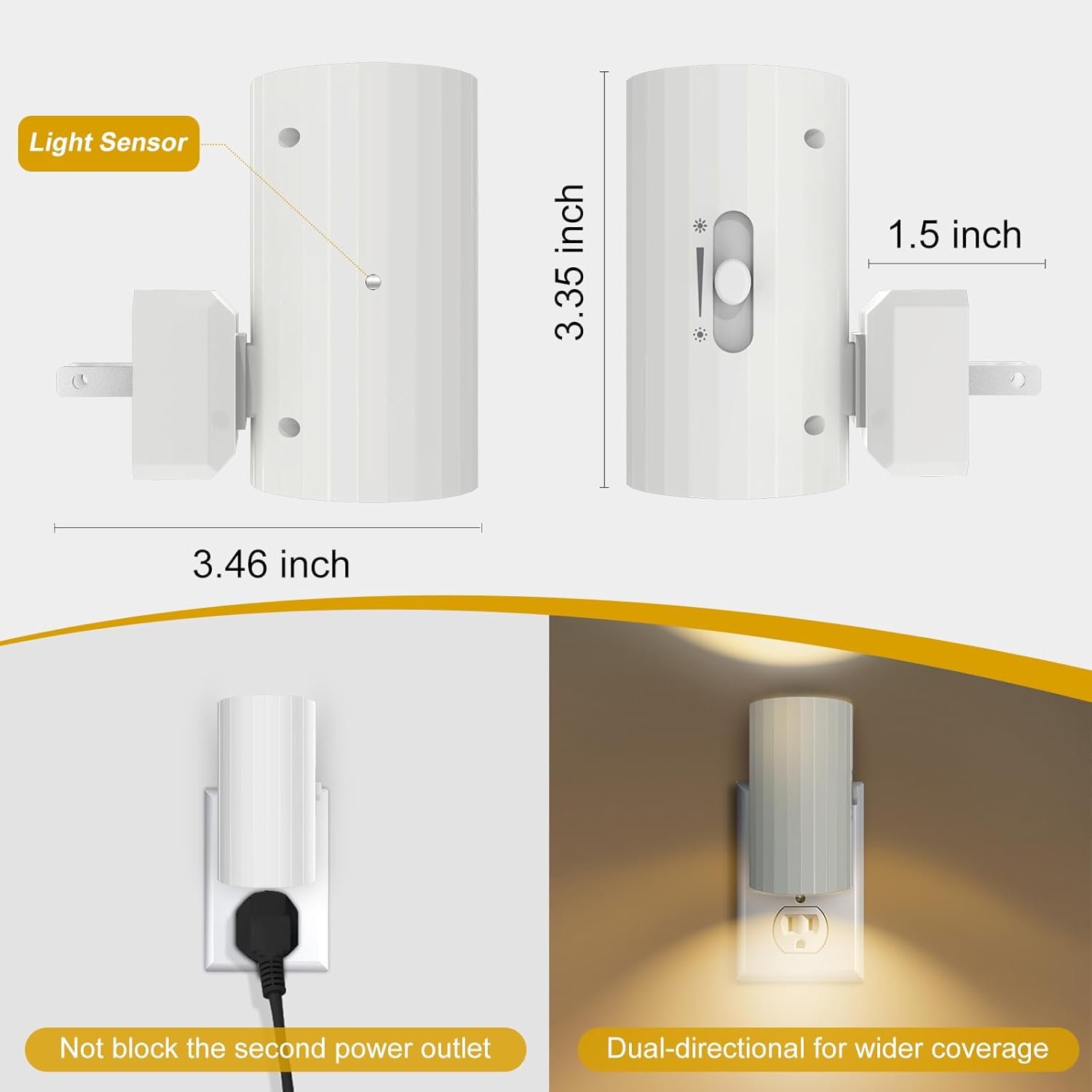 Night Light, Led Night Lights Plug into Wall, Sensor Dusk to Dawn, 0-100 LM Dimmable Night Lights, 3000K Soft White for Bathroom Bedroom Kitchen Toilet Hallway Stairway, 2 Pack
