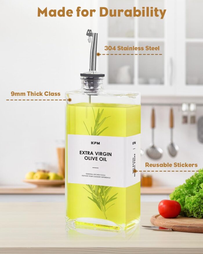 KFM Set Of 4 Olive Oil Dispenser for Kitchen, 17oz Glass Oil Bottle with 2 Stainless Steel Pourers and 44 Labels, Perfect for Oil, Vinegar, Soy Sauce, and Syrups - Image 4