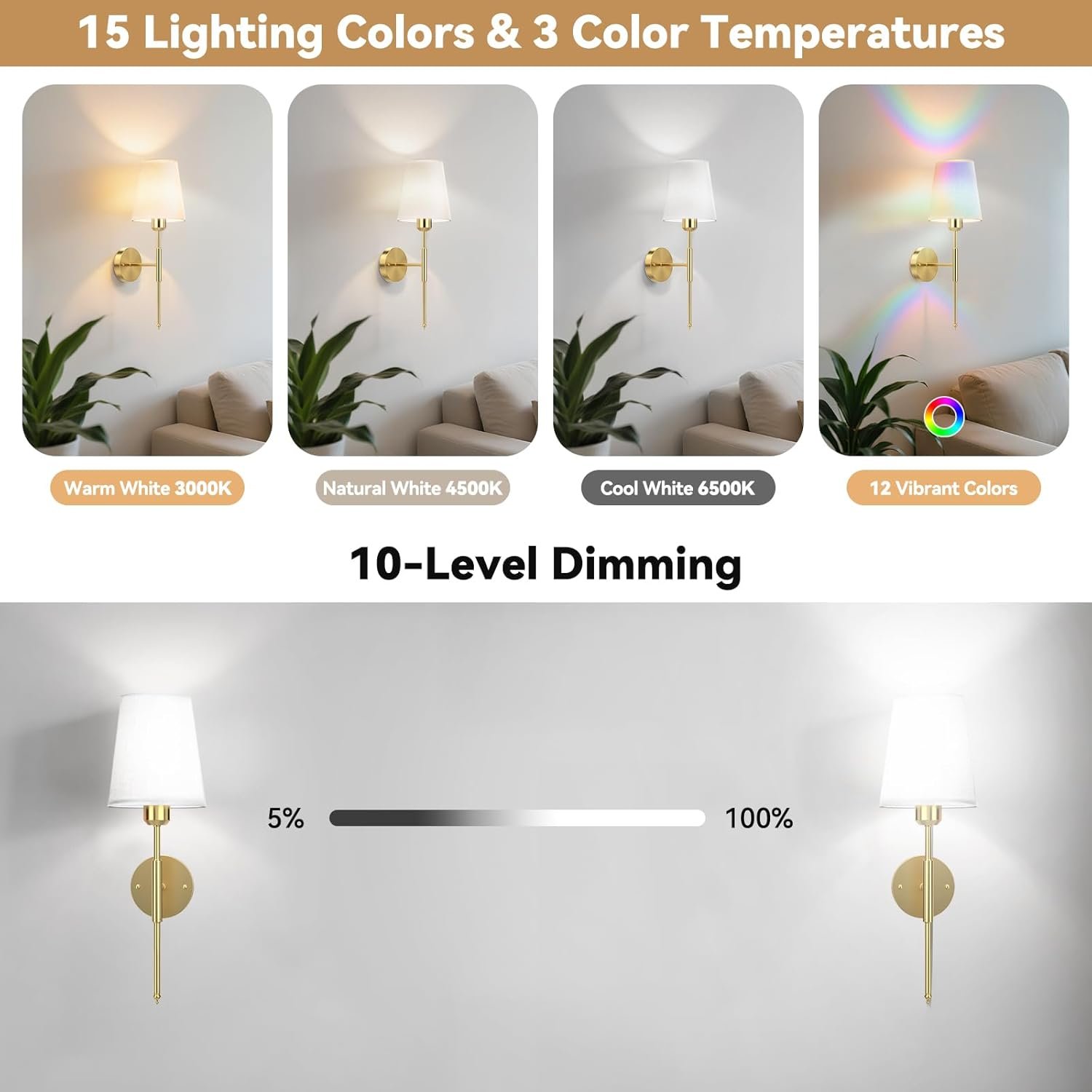 20 inch Battery Operated Wall Sconces Set of 2, Wireless Wall Lights with Rechargeable Bulbs & Remote, 15 Colors & Dimmable, Battery Powered Wall Lights for Bedroom, Living Room, Hallway, Gold