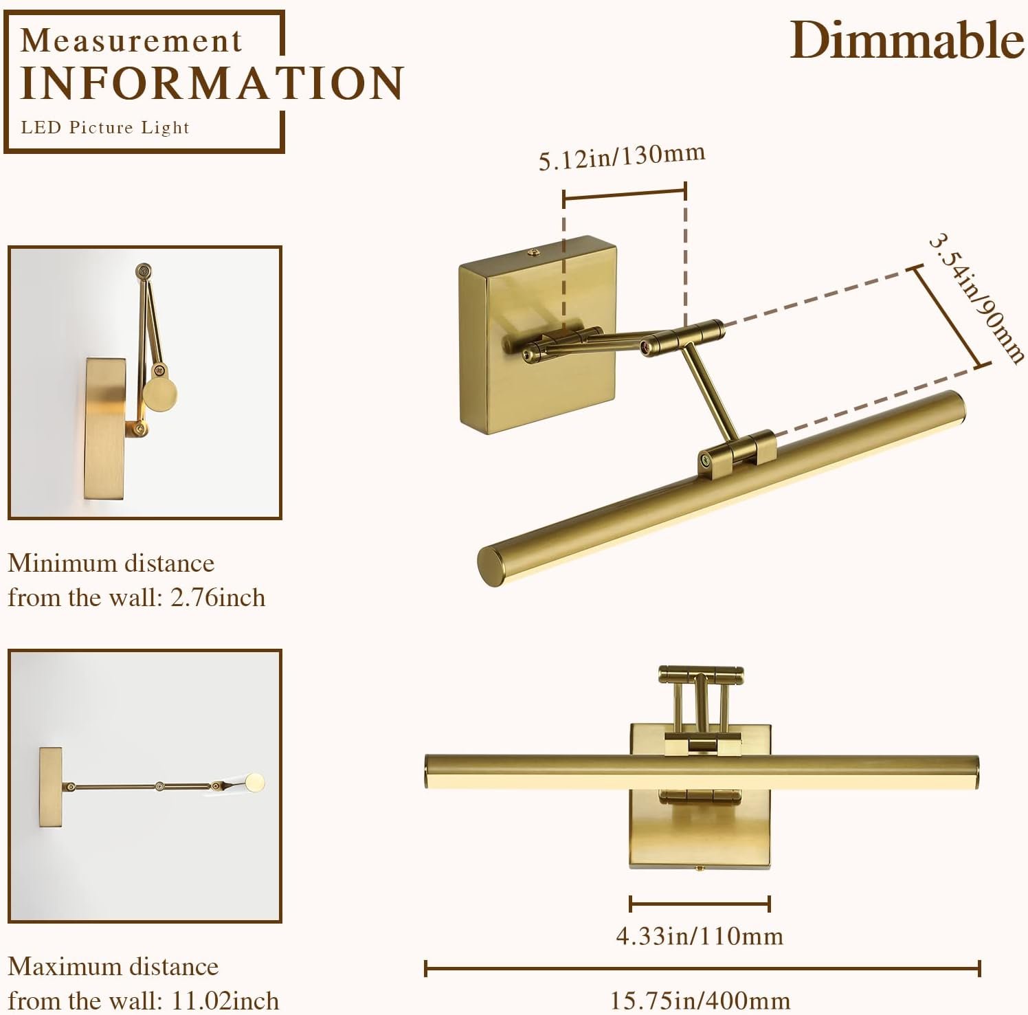 Joossnwell LED Picture Lights for Paintings Dimmable 15.5 Inch Long Hard-Wired Picture Frame Lights Brass Gallery Wall Light with Adjustable Swing Arm Art Display Lamps 7W 3000K Warm White