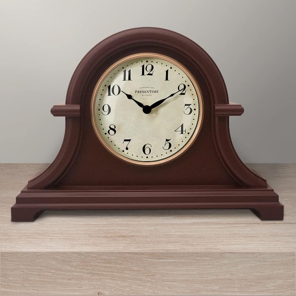 Presentime & Co. Mantel Clock Vintage Farmhouse Series, Napoleon Desk & Shelf Clock, 13 x 10 inch, Domed Lens, Quartz Movement, ABS Plastic Case, Walnut Brown Finish (Home/Tabletop Decoration)