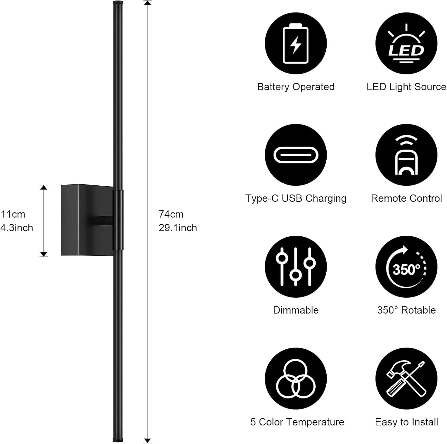 Battery Operated Wall Sconce Set of Two with Remote Control, 3000K-6000K Dimmable Black Wall Lights, Timable LED Wireless Wall Sconces, 350° Ratate for Bathroom, Living Room, Hallway 29.1 Inch