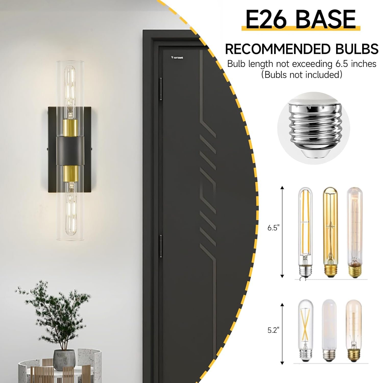 19″ Black and Gold Wall Sconces Set of Two,Modern Bathroom Light Fixtures,2-Light Vanity Lights for Mirror,Indoor Wall Lamp Wall Mount Hardwired Light for Bedroom with Clear Glass E26 Base