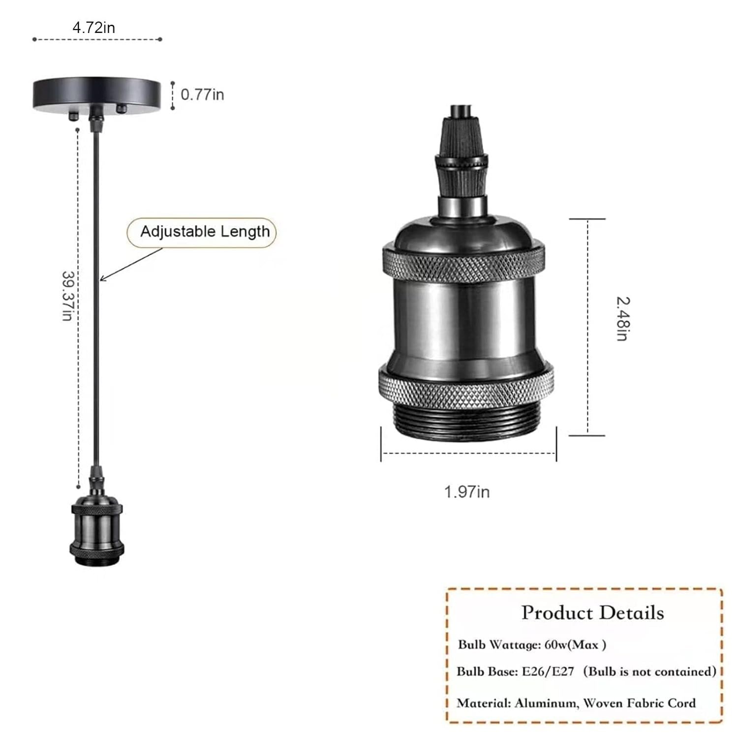 Vintage Mini Pendant Light Cord Kit, Industrial Edison Retro Pendant Light UL Lamp Holder Fixture E26 E27 Lamp Socket, 3.94ft Adjustable Woven Fabric Hanging Light Cord Kit (Black)