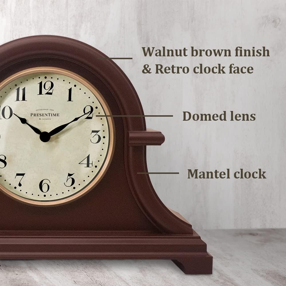 Presentime & Co. Mantel Clock Vintage Farmhouse Series, Napoleon Desk & Shelf Clock, 13 x 10 inch, Domed Lens, Quartz Movement, ABS Plastic Case, Walnut Brown Finish (Home/Tabletop Decoration)