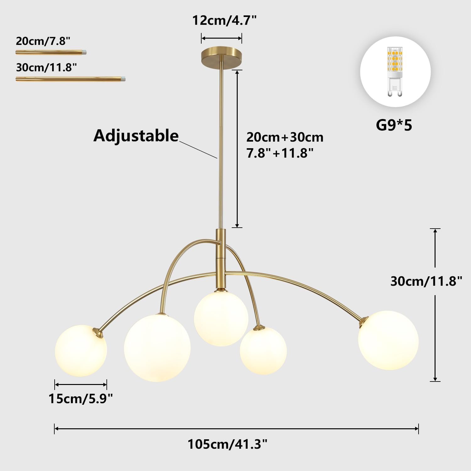Contemporary Gold Ceiling Light 5-Light Glass Globe Lights Mid Century Modern Sputnik Chandelier for Dining Room Kitchen Bedroom Lighting Fixture