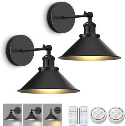 Battery Operated Wall Sconce Set of 2,Vintage Sconces Wall Decor Set of 2 with Remote,Dimmable Wall Lights for Living Room,Wall Lamp Fixture Indoor Bedroom Farmhouse Gallery Kitchen,Black