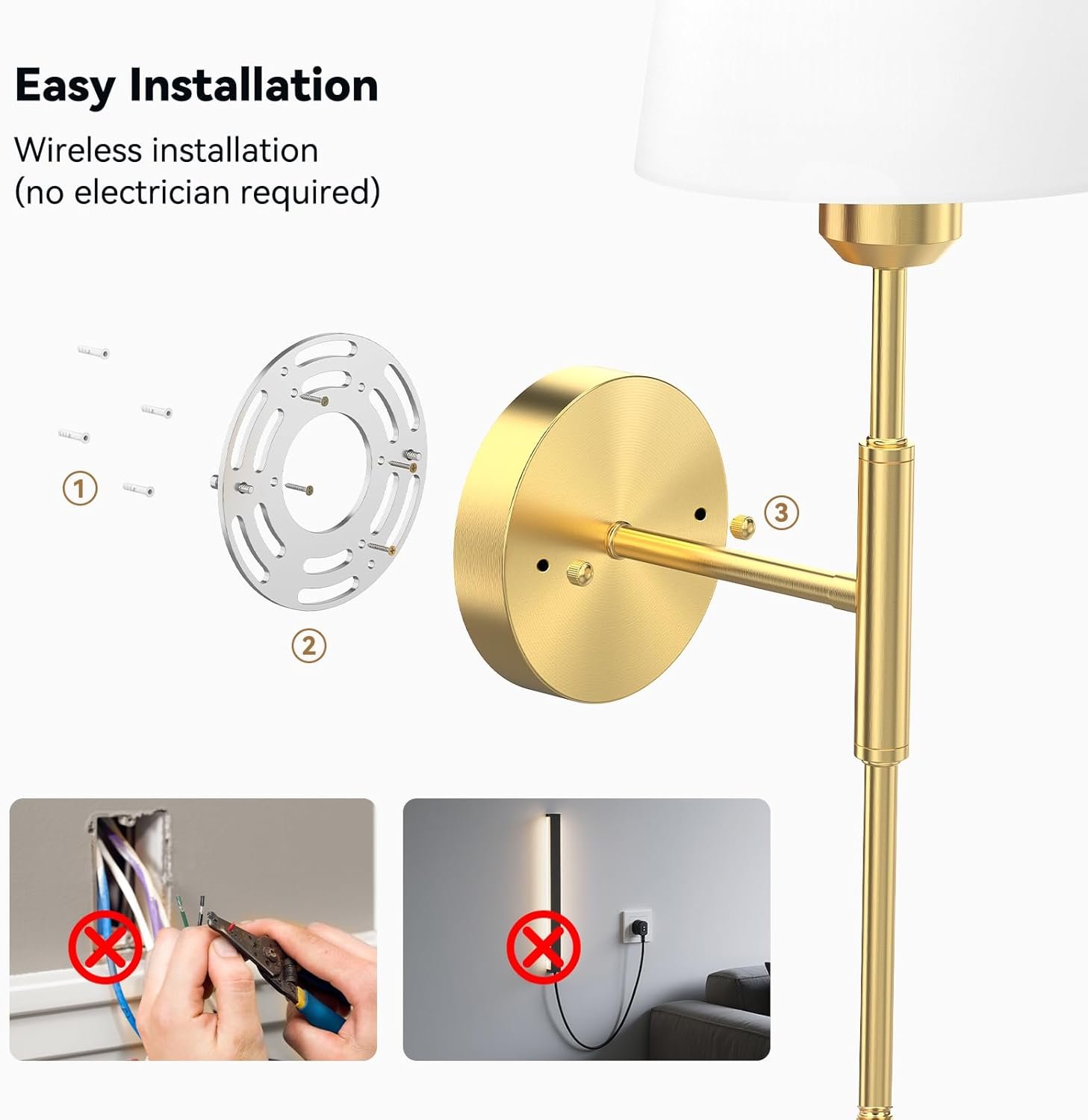 20 inch Battery Operated Wall Sconces Set of 2, Wireless Wall Lights with Rechargeable Bulbs & Remote, 15 Colors & Dimmable, Battery Powered Wall Lights for Bedroom, Living Room, Hallway, Gold