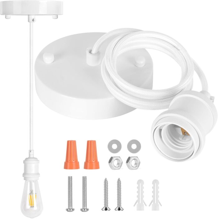 Upgraded White Pendant Light kit, UL E26/E27 Lamp Socket with Aluminium Enclosure Pendant Light Cord, Industrial Hanging Light Cord Kit with Adjustable Length, Mini Edison Retro Lamp Socket