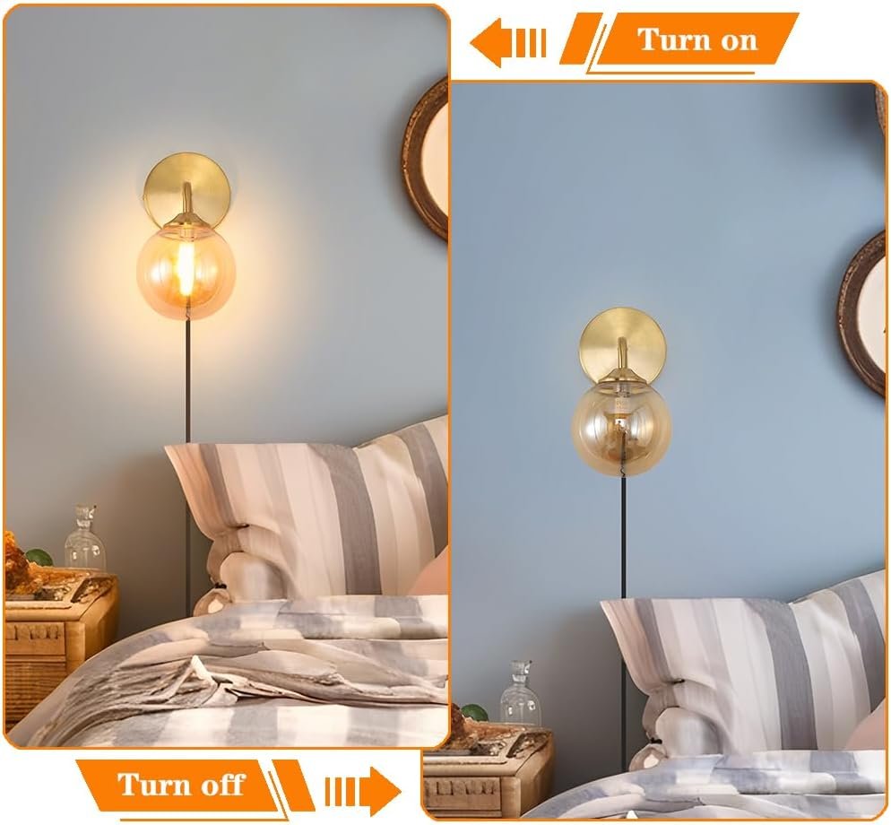 Modern Gold Plug in Wall Light, Wall Light Fixture with Amber Glass Shade, Elegant Brass Sconces Wall Decor Set of 2, Wall Sconce Light with Plug in Cord for Bedroom Hallway Reading