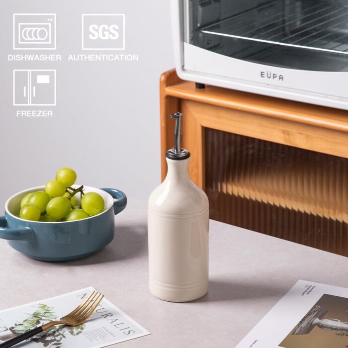 Sweejar Ceramic Olive Oil Dispenser Bottle, Opaque Oil Cruet Protects Oil to Reduce Oxidation, Suitable for Storage Oil, Vinegar, Coffee Syrups & Other Liquids, Pack of 1, 15.5 Fl Oz (Beige) - Image 2