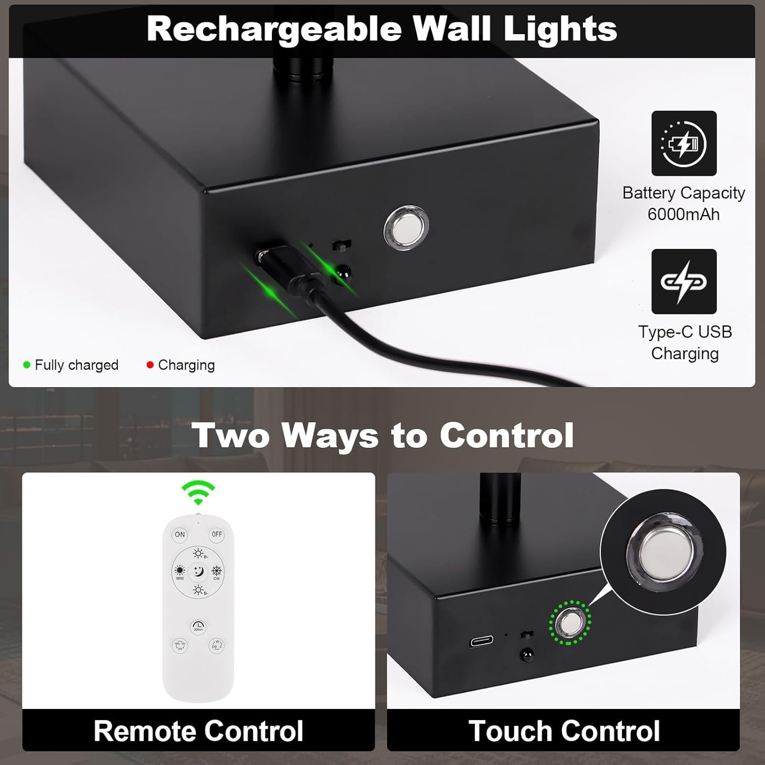 Battery Operated Wall Sconce Set of Two with Remote Control, 3000K-6000K Dimmable Black Wall Lights, Timable LED Wireless Wall Sconces, 350° Ratate for Bathroom, Living Room, Hallway 29.1 Inch