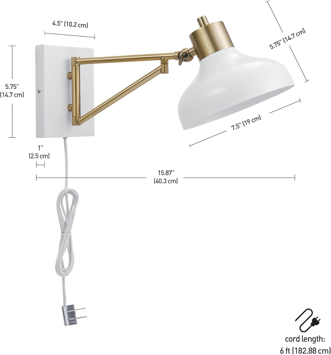 GLOBE Electric 51344 1-Light Plug-in or Hardwire Swing Arm Wall Sconce, White, Brass Accents, White-Cloth Cord, Mounted Bedside Lamp, Kitchen Sconces Wall-Lighting, Bulb Not Included