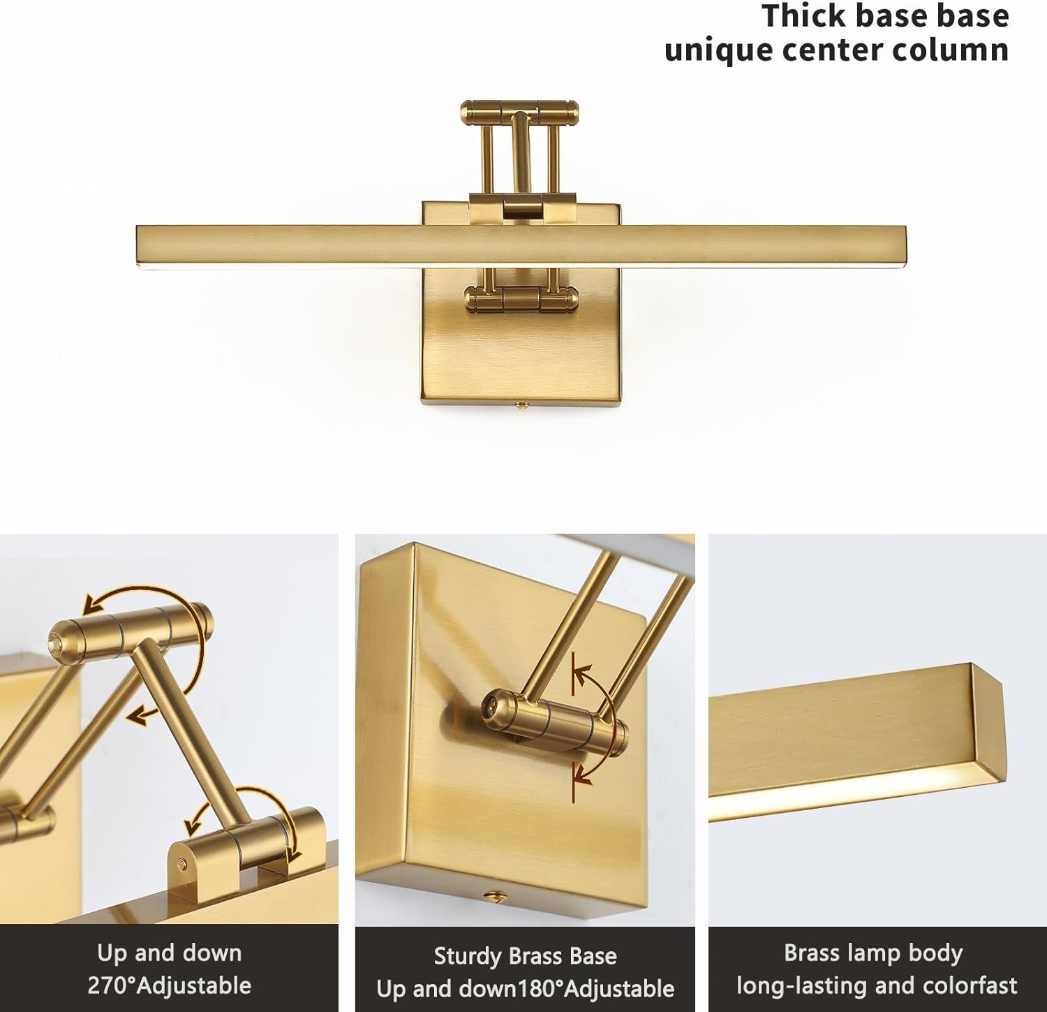 Hard-Wired Picture Light Dimmable LED Picture Lights for Paintings 15.7″ Inch Brass Metal Body Wall Pictures with Adjustable Gold Swing Arm Art Display Lamps 7W 3000K Warm White Book Light