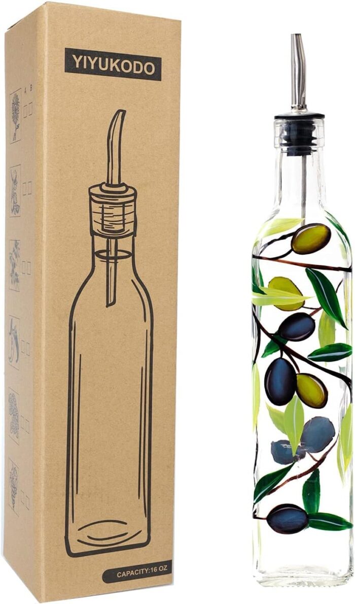 17oz Hand Painted Glass Olive Oil Bottle Dispenser- 500ml Green Oil & Vinegar Cruet with Pourers – Olive Oil Carafe Decanter for Kitchen (olive)