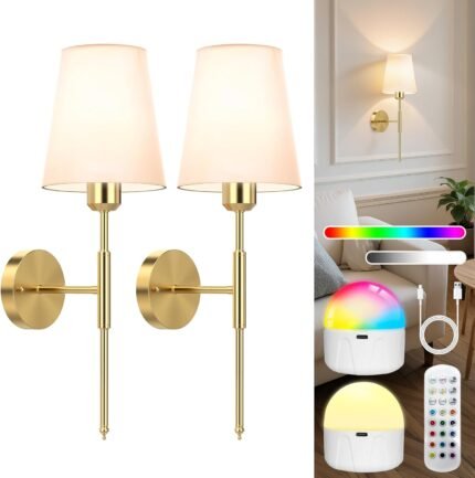 20 inch Battery Operated Wall Sconces Set of 2, Wireless Wall Lights with Rechargeable Bulbs & Remote, 15 Colors & Dimmable, Battery Powered Wall Lights for Bedroom, Living Room, Hallway, Gold