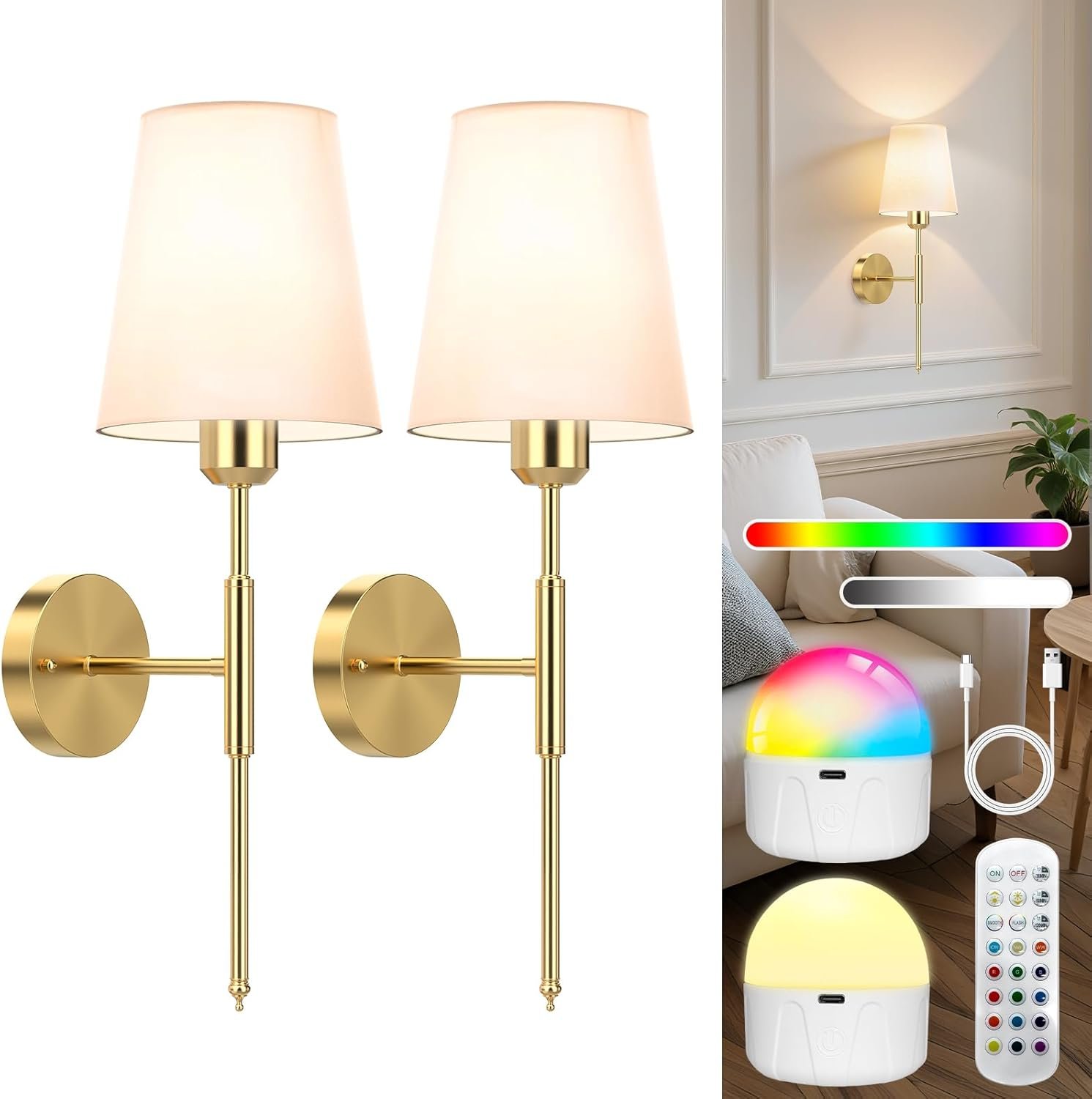 20 inch Battery Operated Wall Sconces Set of 2, Wireless Wall Lights with Rechargeable Bulbs & Remote, 15 Colors & Dimmable, Battery Powered Wall Lights for Bedroom, Living Room, Hallway, Gold