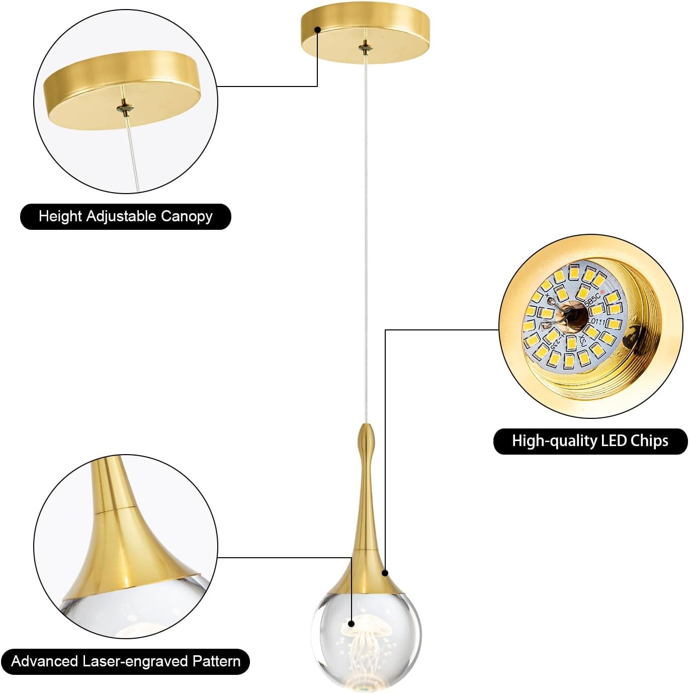 CHYING Gold Pendant Light Crystal LED Pendant Lighting Jellyfish Teardrop Hanging Lights Mini Pendant Lights for Kitchen Island Bathroom Dining Room Bar 3000K Warm White
