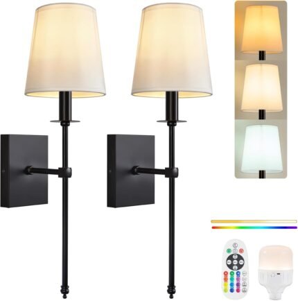 PASSICA DECOR Battery Operated Wall Sconce Set of 2, Rechargeable Wireless Wall Lights with 15 Colors Dimmable Bulbs, Remote Control, Battery Wall Sconces for Bedroom, Living Room
