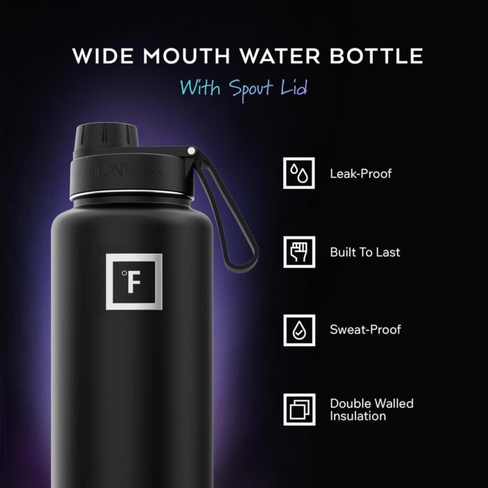 IRON °FLASK Camping & Hiking Hydration Flask with 3 Lids - Stainless Steel, Double Walled & Vacuum Insulated Water Bottle - Leak Proof & BPA Free (Black Marquina, Spout - 22 oz) - Image 2