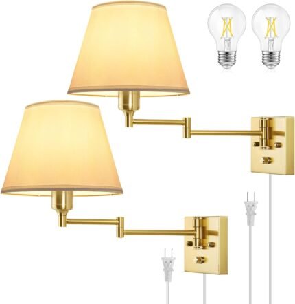 TRLIFE Wall Sconce Plug in, Brushed Brass Dimmable Wall Sconces Set of 2 Swing Arm Wall Lights with Plug in Cord and Dimmer On/Off Knob Switch, 9.4″ Medium White Fabric Shade(2 LED Bulbs Included)