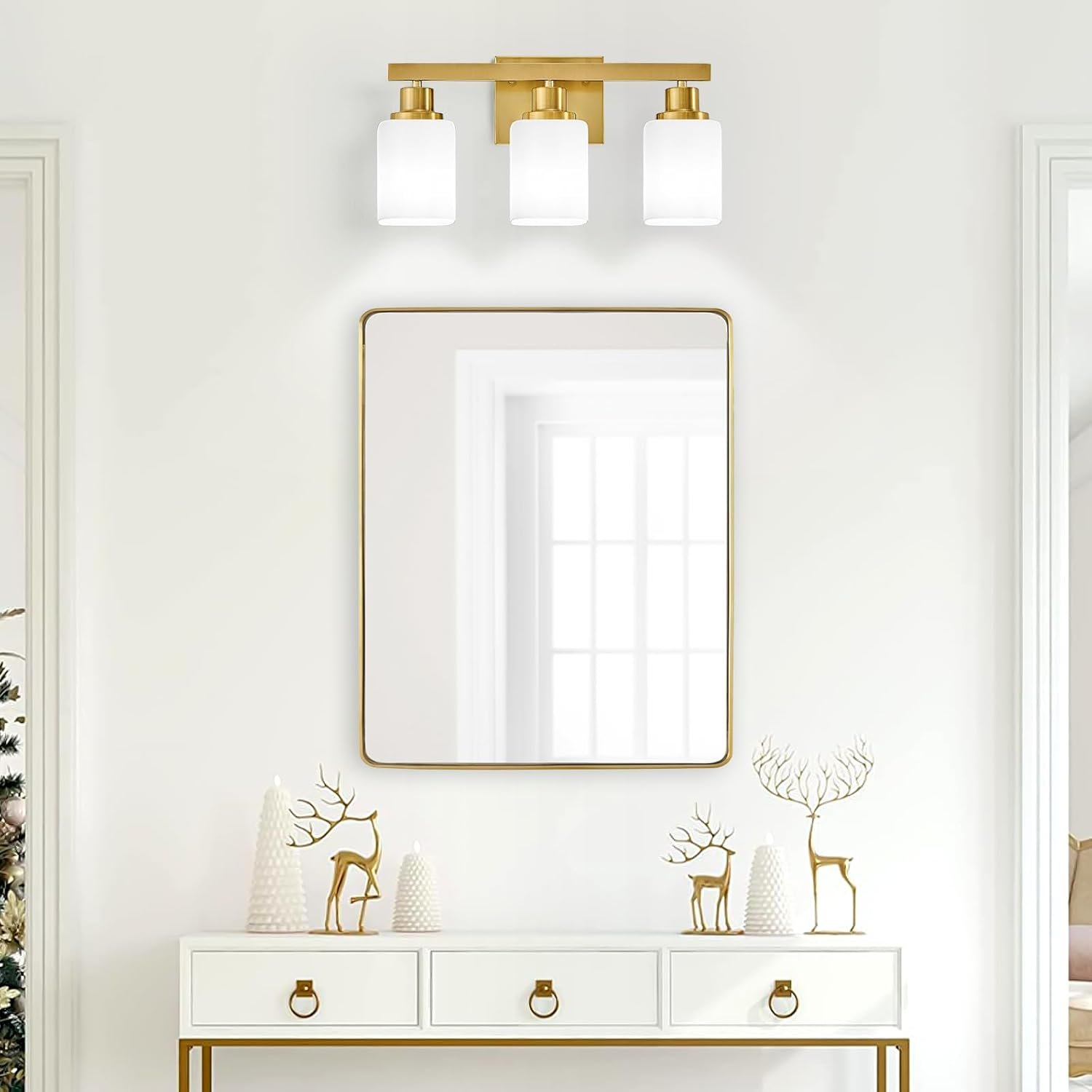Bathroom Vanity Light,3-Light Gold Modern Bathroom Light Fixtures with Square Frosted Glass,Gold Wall Lamp Sconces for Mirror Bedroom,Living Room Hallway, E26