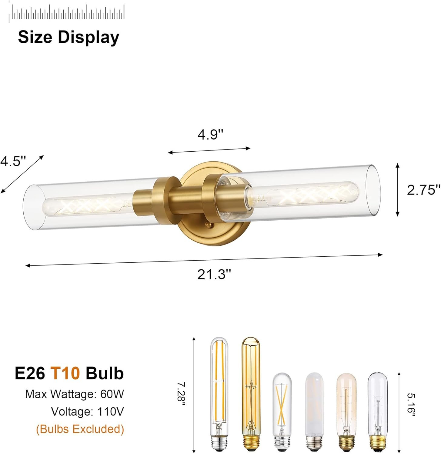 Brushed Gold Bathroom Vanity Light Fixture, 2-Light Modern Wall Sconce Lighting W/Clear Glass, Brass Wall Mount Lamp for Mirror Hallway Kitchen Living Room, E26 T10 Bulbs(Excluded)