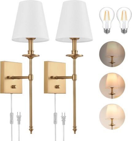 Dimmable Wall Sconces Set of Two, Plug in Wall Sconces White Fabric Shade, Wall Lamp for Bedroom, Living room, Plug in Wall Light Sconces Wall Decor Set of 2, LED Bulbs Included, Antique Brass